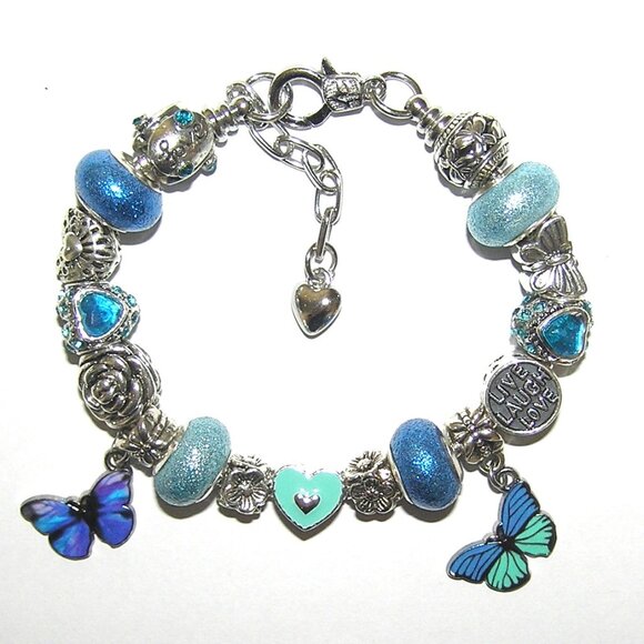 Blue Butterfly Bracelet With European Charms & Beads, Sparkling Crystals NEW - Picture 2 of 4